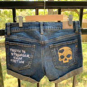 Hand Painted Upcycled Denim Shorts "Truth is Stranger than Fiction"